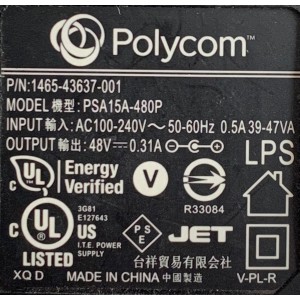 CARGADOR / ADAPTADOR DE FUENTE DE ALIMENTACION POLYCOM VCA-VCD / NUMERO DE PARTE 1465-43637-001 / ENTRADA VCA AC100V-240V~ 50-60HZ 0.5A 39-47VA / SALIDA VCD 48V 0.31A / MODELO PSA15A-480P